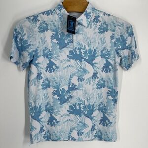 Scales Men's Golf Polo Shirt Aquatic Coral Reef Print Blue White Stretch Medium